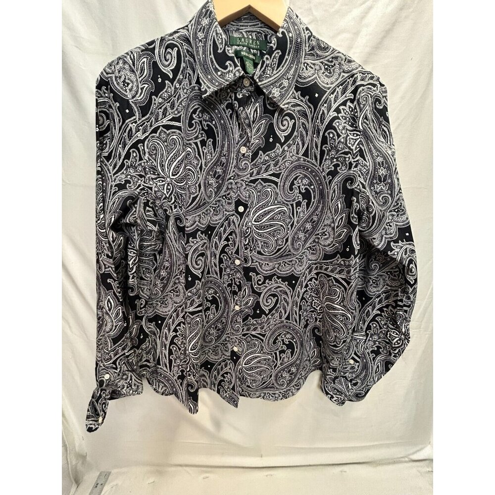 Lauren Ralph Lauren Women's L Black Cotton Paisley Long Sleeve Button Down Shirt